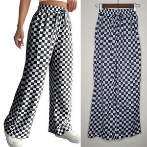 Sz S Black White Checkerboard Wide Leg‎ Pants Vaudeville Burtoncore Dark Caberet